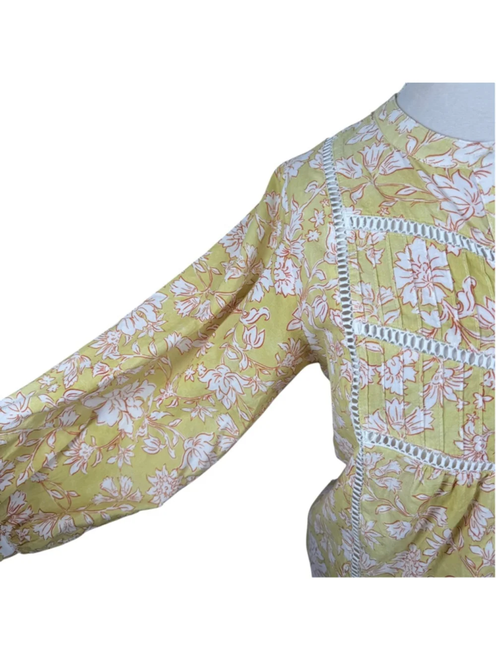 MAYE Paloma Shirt Havana Print Yellow Floral Cotton Pintuck Blouse Boho Size S